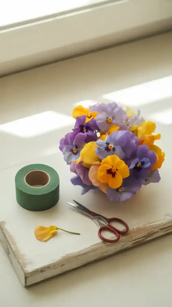 The essential tools for safely preparing fresh flowers for a cake, including edible pansies, floral tape, and scissors.


