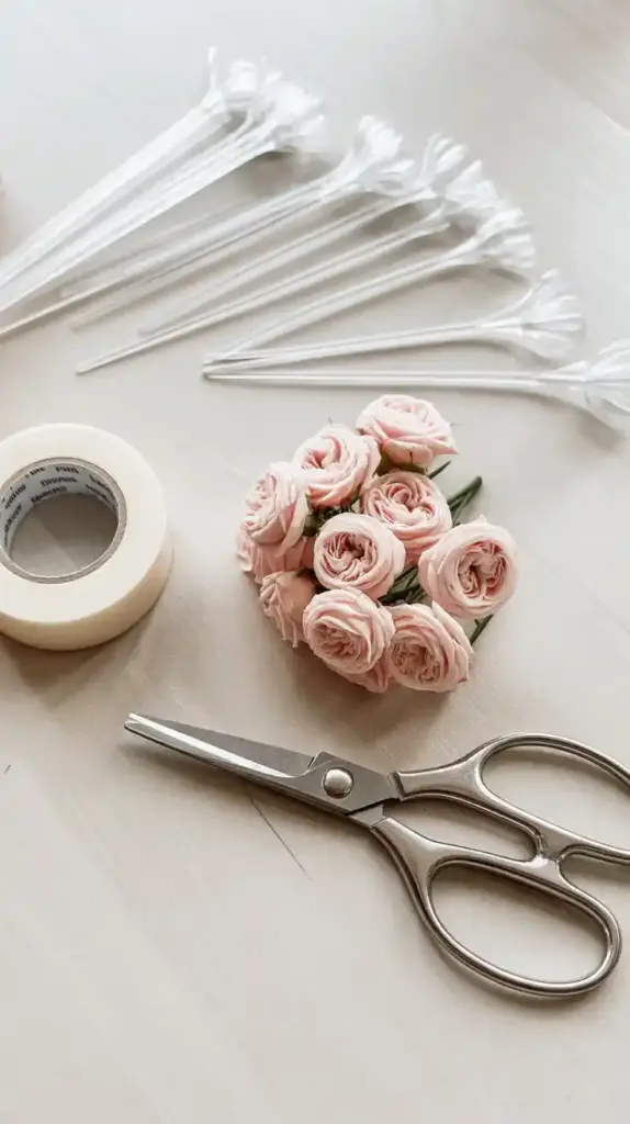 The essential tools for safely preparing fresh flowers for a cake, including floral tape, scissors, and food-safe flower pics.