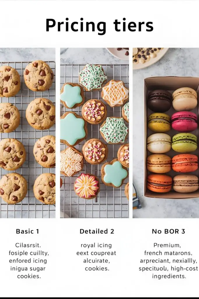 A visual representation of three pricing tiers: simple drop cookies, decorated sugar cookies, and specialty macarons.