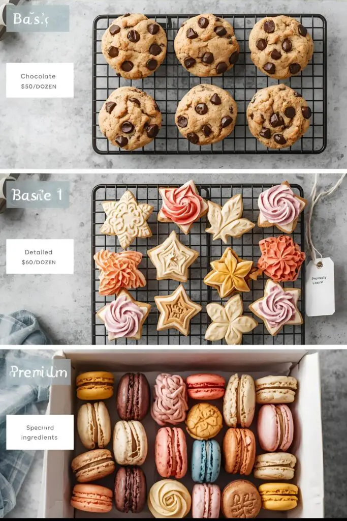 A visual representation of three cookie pricing tiers: simple drop cookies, decorated sugar cookies, and specialty macarons.
