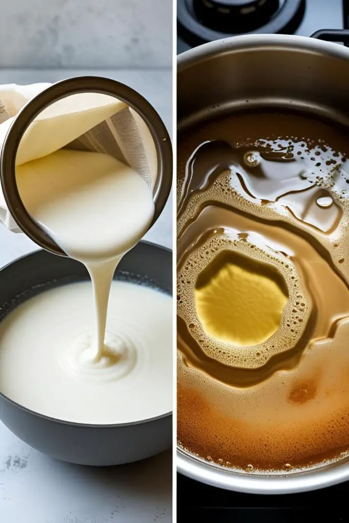 wo images showing the process of making coconut oil: one of squeezing coconut milk, and a close-up of the oil separating in a pot.