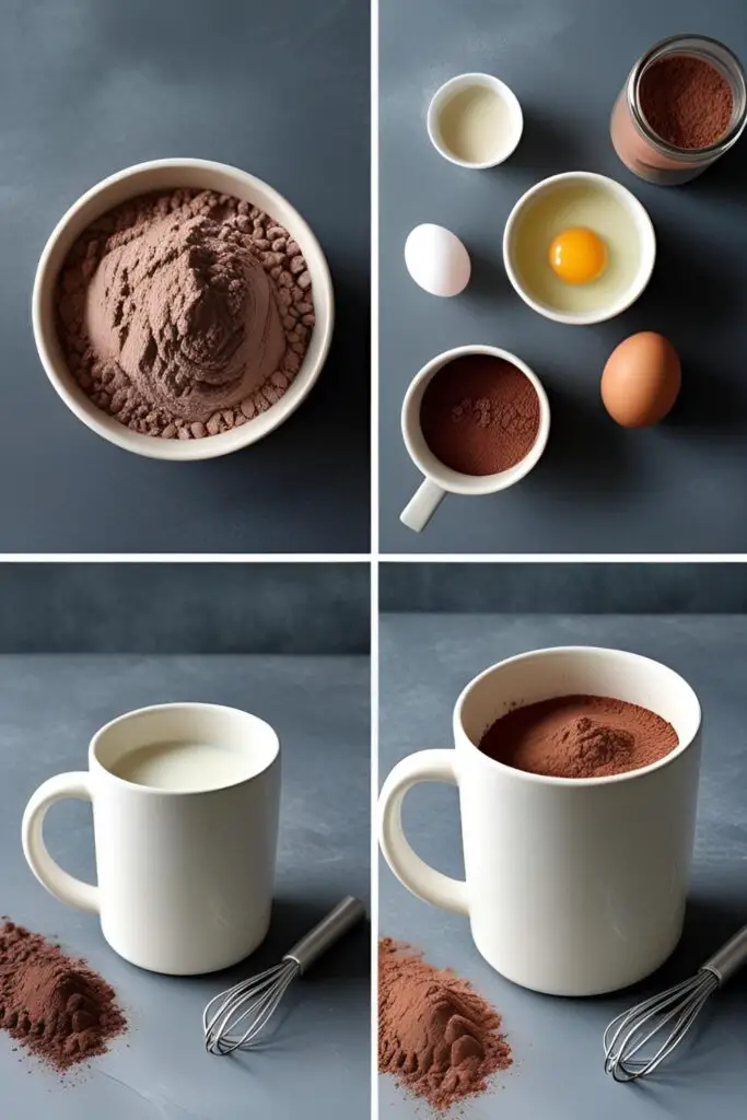 The simple, healthy ingredients needed to make a chocolate protein mug cake: protein powder, cocoa, egg, and milk.
