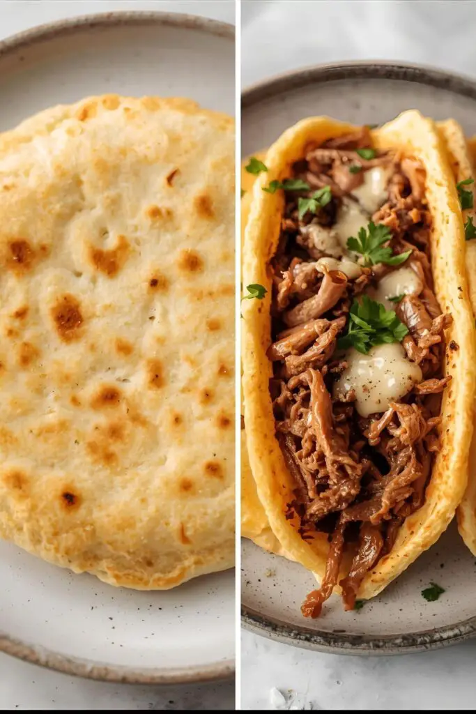 A plain, golden brown arepa next to a stuffed arepa filled with shredded meat and cheese.