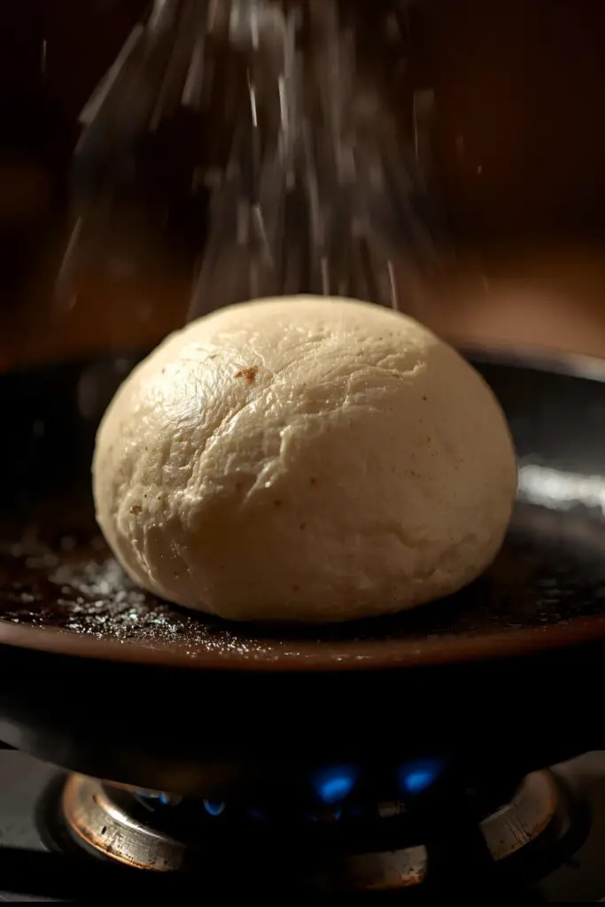 A dramatic close-up shot of a chapati puffing up into a perfect balloon over the open flame of a gas stove