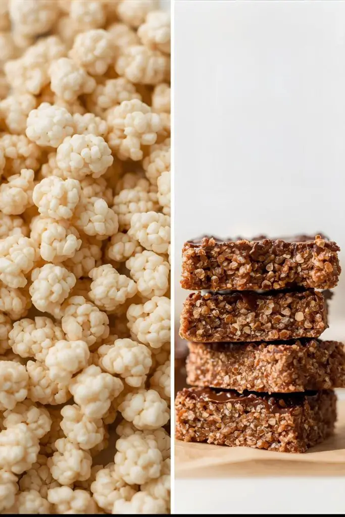 A close-up macro shot of puffed quinoa, next to a photo of healthy chocolate crunch bars made with it.