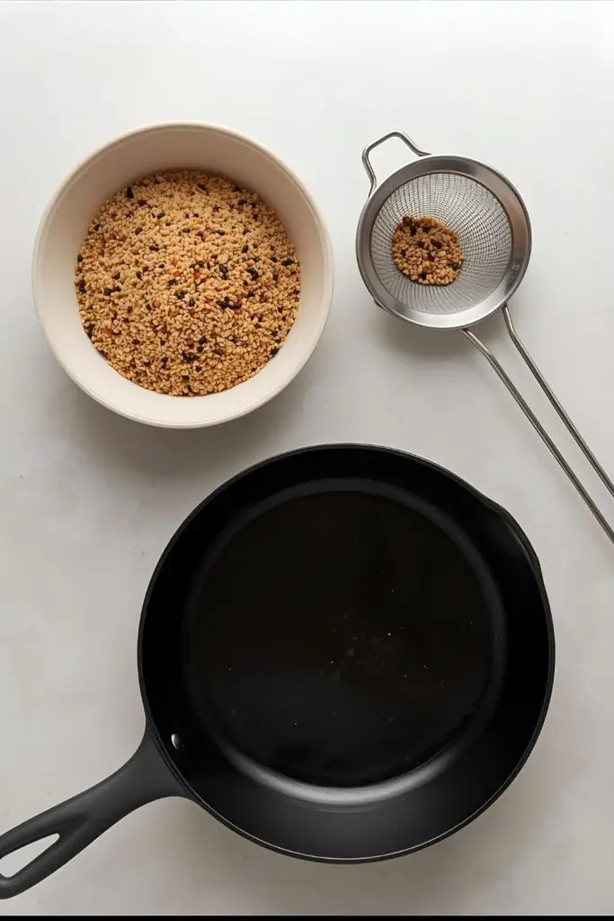 A flat lay of the "ingredients" for making puffed quinoa: a bowl of raw quinoa, a fine-mesh sieve, and a pot.