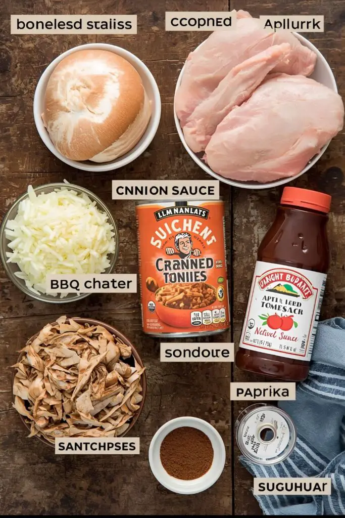 The simple, key ingredients needed to make flavorful pulled chicken sandwiches.