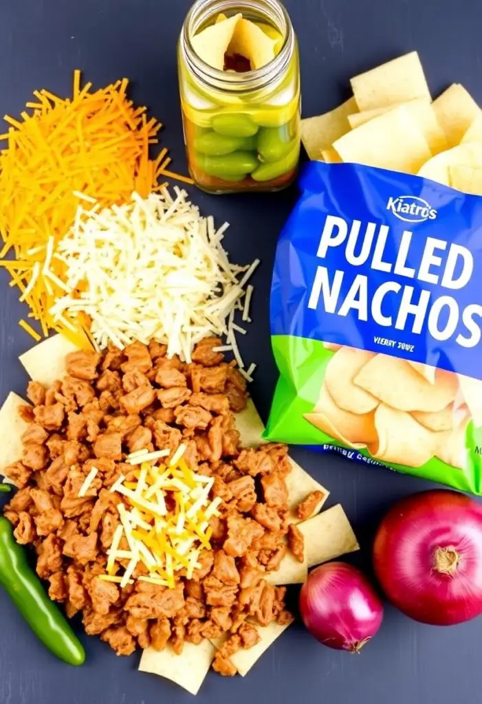  A vibrant flat lay collage of ingredients for pulled pork nachos: a pile of saucy pulled pork, shredded cheddar and Monterey Jack cheese, a bag of sturdy tortilla chips, a jar of jalapeños, and a red onion.