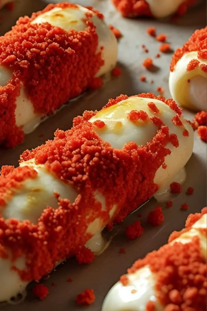  A dynamic action shot of a hand pulling apart a hot Takis cheese stick, with melted cheese stretching between the two halves, showing the gooey interior and crunchy exterior.