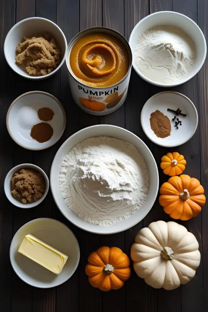 A flat lay of ingredients for pumpkin coffee cake, including pumpkin puree, flour, spices, and butter.
