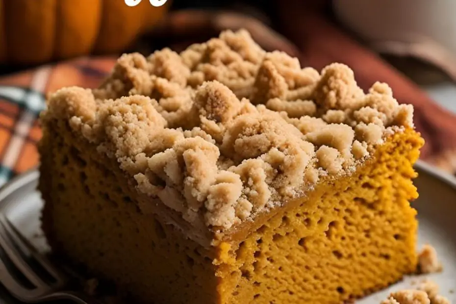 A delicious slice of pumpkin coffee cake with the text overlay "The Best Pumpkin Coffee Cake."