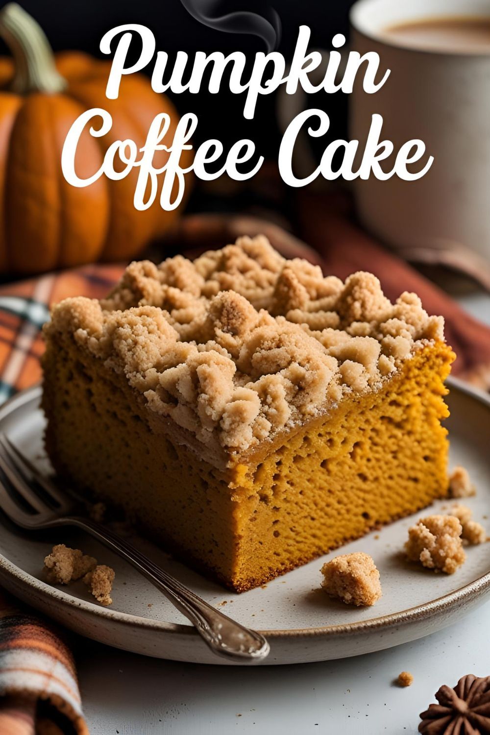 A delicious slice of pumpkin coffee cake with the text overlay "The Best Pumpkin Coffee Cake."