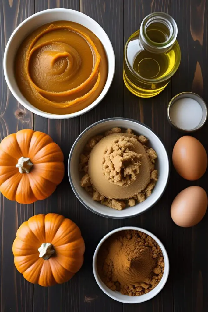  A flat lay of the key ingredients for a pumpkin spice cake: pumpkin puree, brown sugar, oil, eggs, and spices.