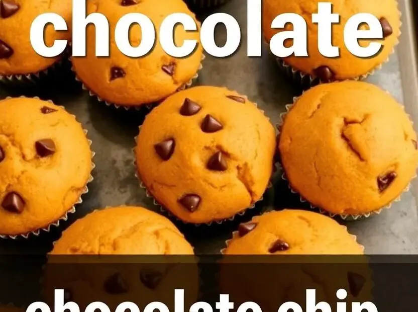 Text overlay "pumpkin chocolate chip muffins" on a background image of golden-brown muffins fresh from the oven, with chocolate chips visible.