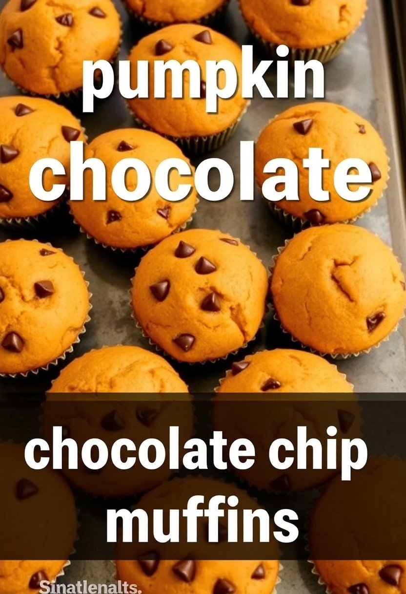 Text overlay "pumpkin chocolate chip muffins" on a background image of golden-brown muffins fresh from the oven, with chocolate chips visible.