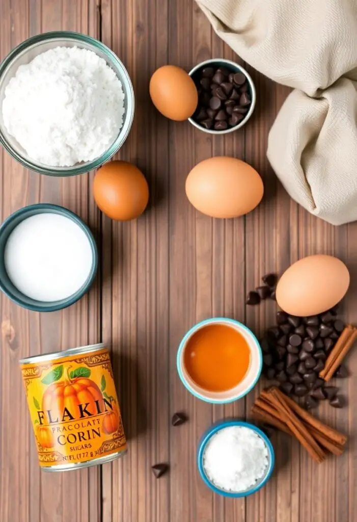 A flat lay collage image showcasing ingredients for pumpkin chocolate chip muffins: a can of pumpkin puree, flour, sugar, eggs, chocolate chips, and fall spices on a rustic wooden background.