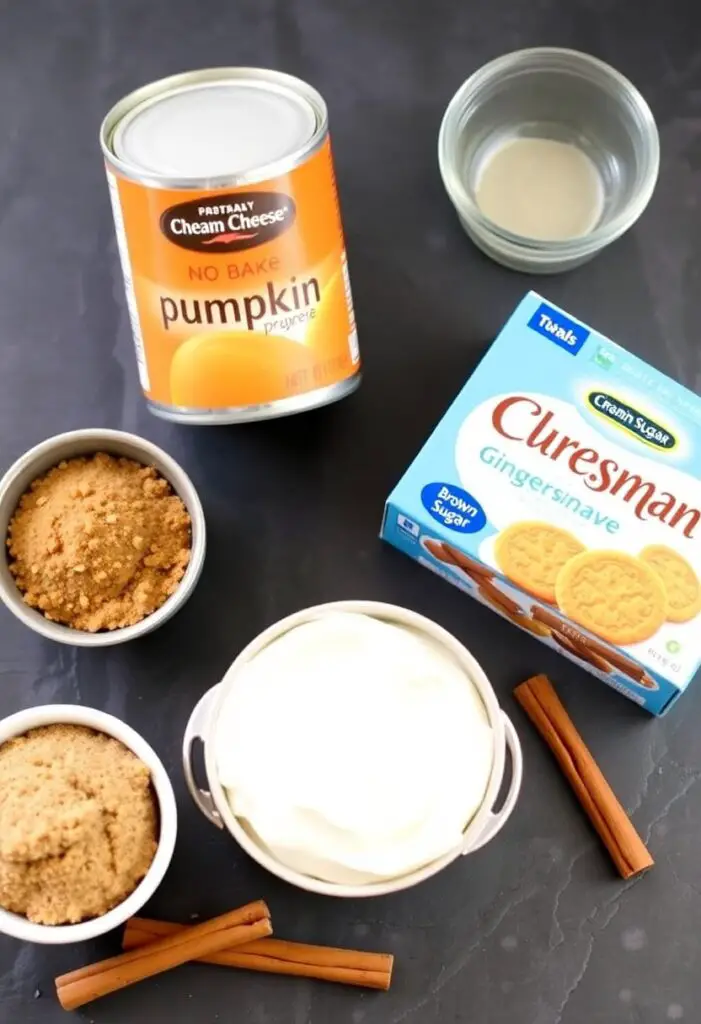 A cozy flat lay collage of ingredients for no-bake pumpkin cheesecake parfaits: a can of pumpkin puree, a block of cream cheese, a box of gingersnap cookies, brown sugar, and a cinnamon stick.