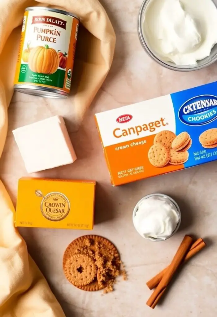 A cozy flat lay collage of ingredients for no-bake pumpkin cheesecake parfaits: a can of pumpkin puree, a block of cream cheese, a box of gingersnap cookies, brown sugar, and a cinnamon stick.