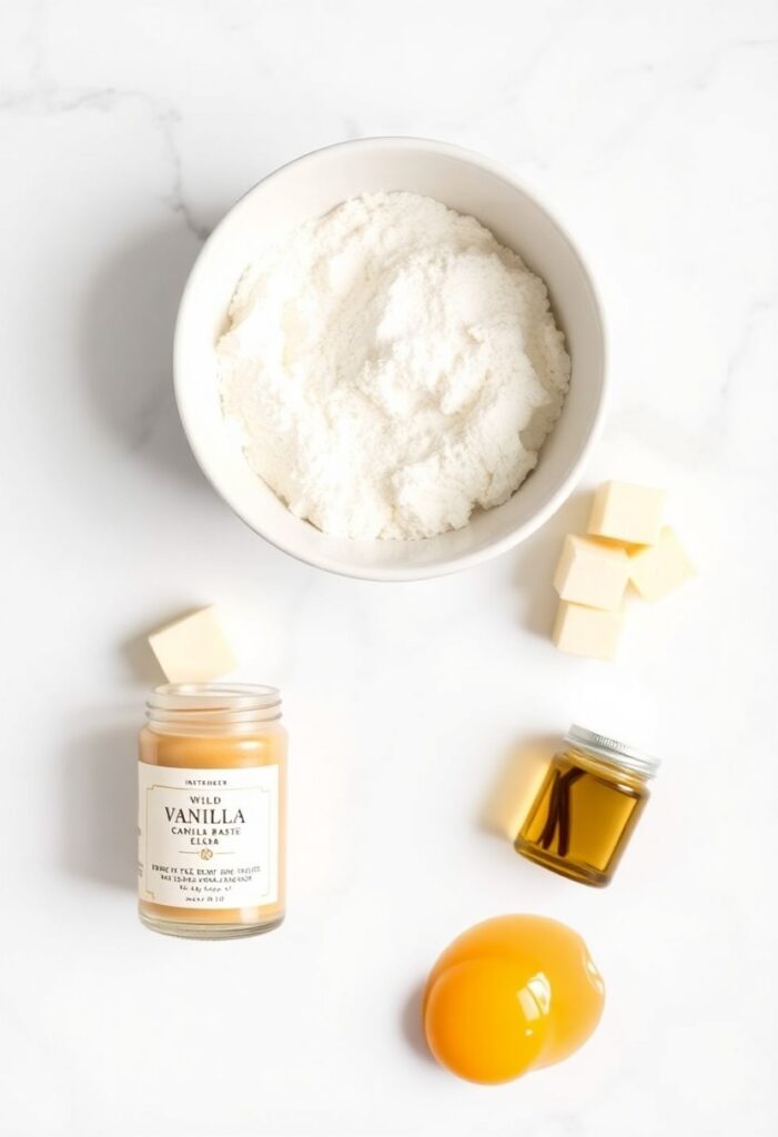 A clean, airy flat lay collage of ingredients for pure vanilla cookies: a bowl of flour, cold butter cubes, a jar of vanilla bean paste, and an egg yolk on a white marble surface.