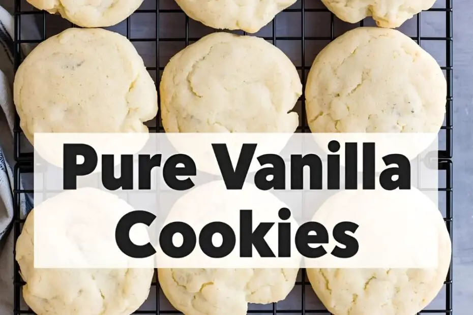 Text overlay "pure vanilla cookies" on a background image of perfectly pale, soft cookies on a cooling rack, with a bottle of vanilla extract nearby.