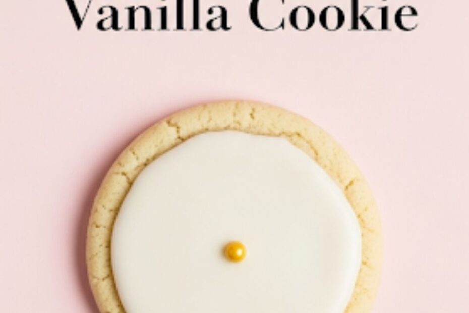 Text overlay "The Pure Vanilla Cookie PFP" on a minimalist, elegant image of a single, perfectly glazed round vanilla bean cookie on a clean, simple background