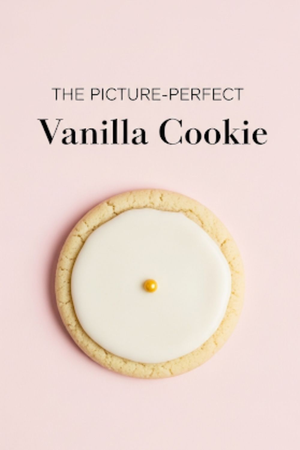 Text overlay "The Pure Vanilla Cookie PFP" on a minimalist, elegant image of a single, perfectly glazed round vanilla bean cookie on a clean, simple background