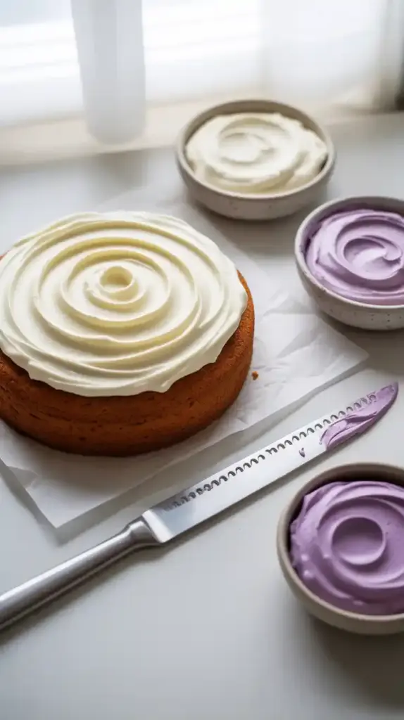  The ingredients and tools for making a purple butterfly cake, including a round cake, a knife, and bowls of purple frosting.