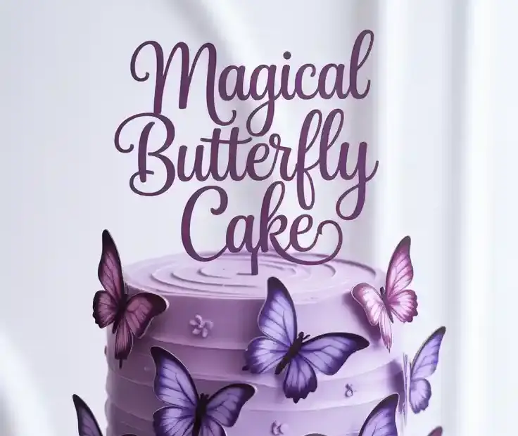 A stunning purple butterfly cake, decorated with ombre frosting and edible glitter, viewed from directly above.