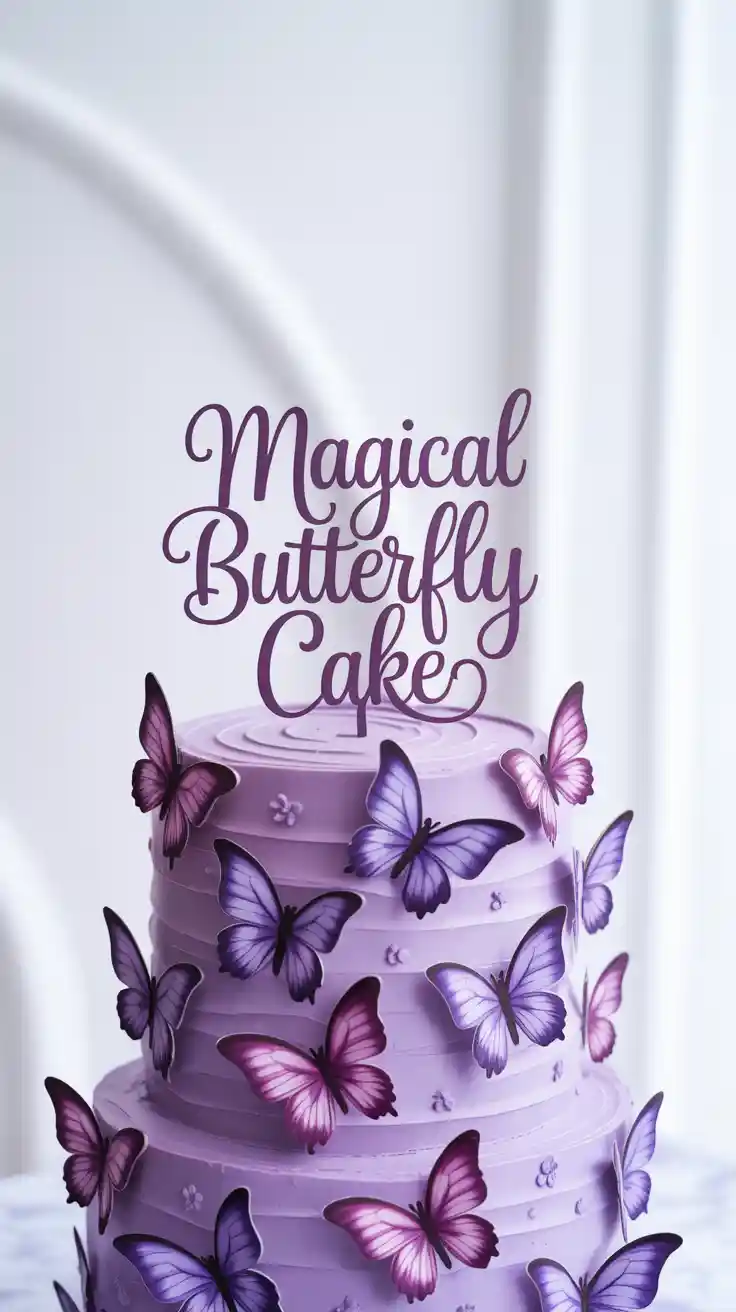 A stunning purple butterfly cake, decorated with ombre frosting and edible glitter, viewed from directly above.