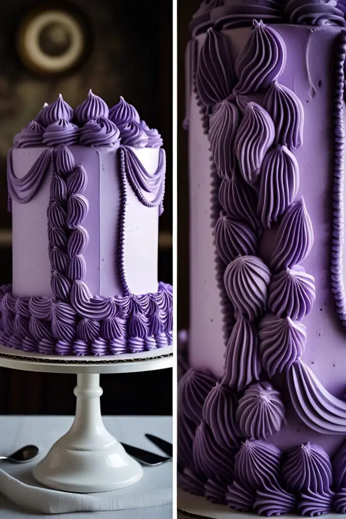 A two-panel image showing the full purple vintage cake and a close-up detail of the intricate, frilly buttercream piping.