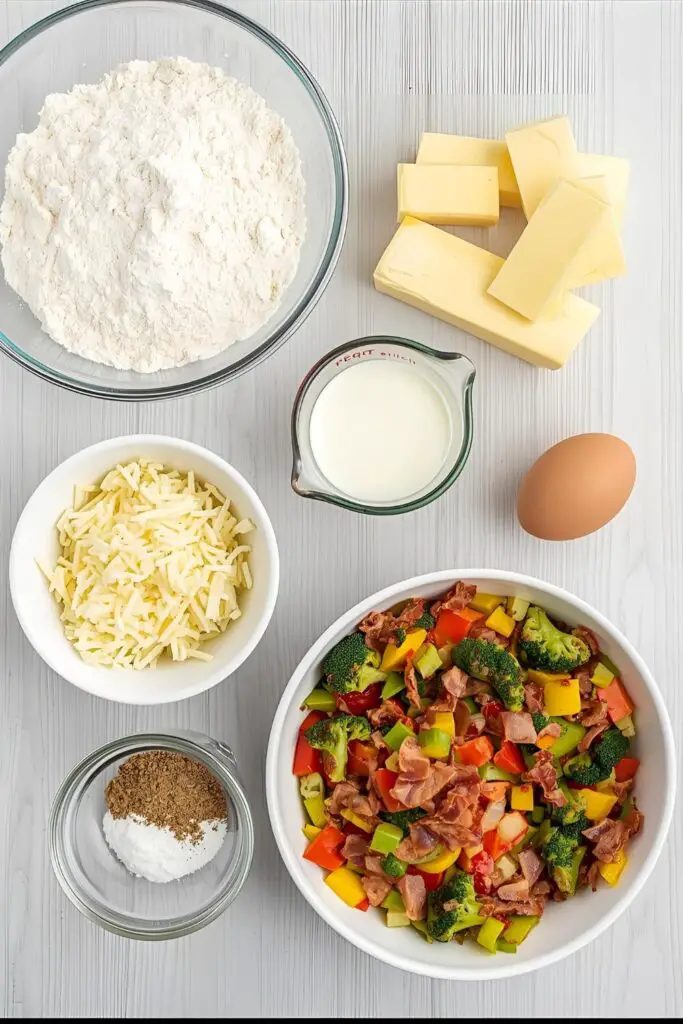 A flat lay of the ingredients for making a quiche: flour, butter, eggs, cream, and various fillings.