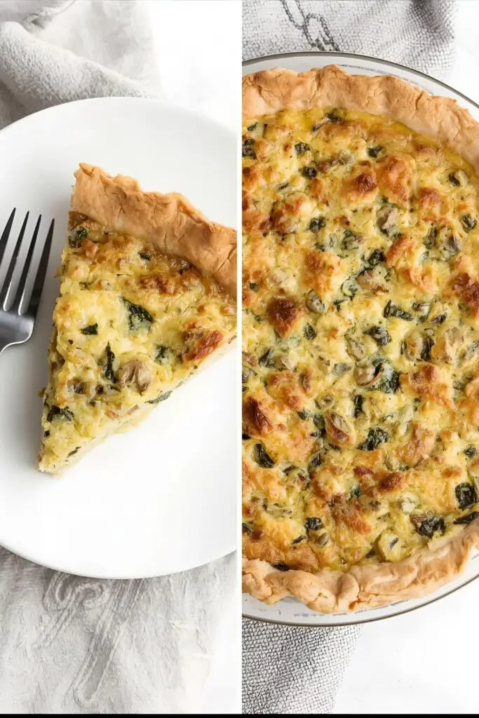A single slice of quiche on a plate next to a whole baked quiche in a pie dish