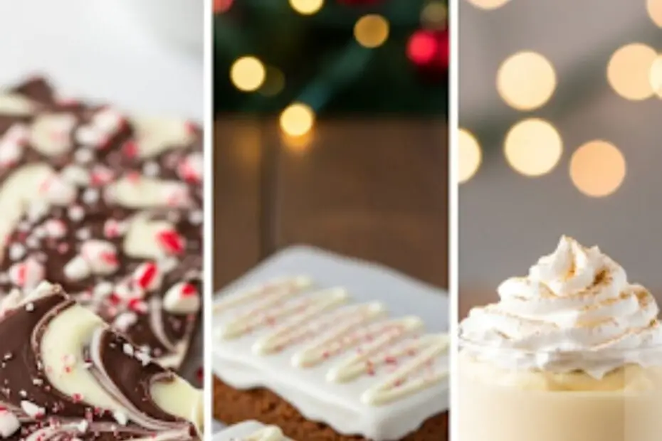 Text overlay "Easy Christmas Desserts" over a festive, beautiful collage of different holiday desserts, like peppermint bark, a gingerbread bar, and an eggnog parfait.