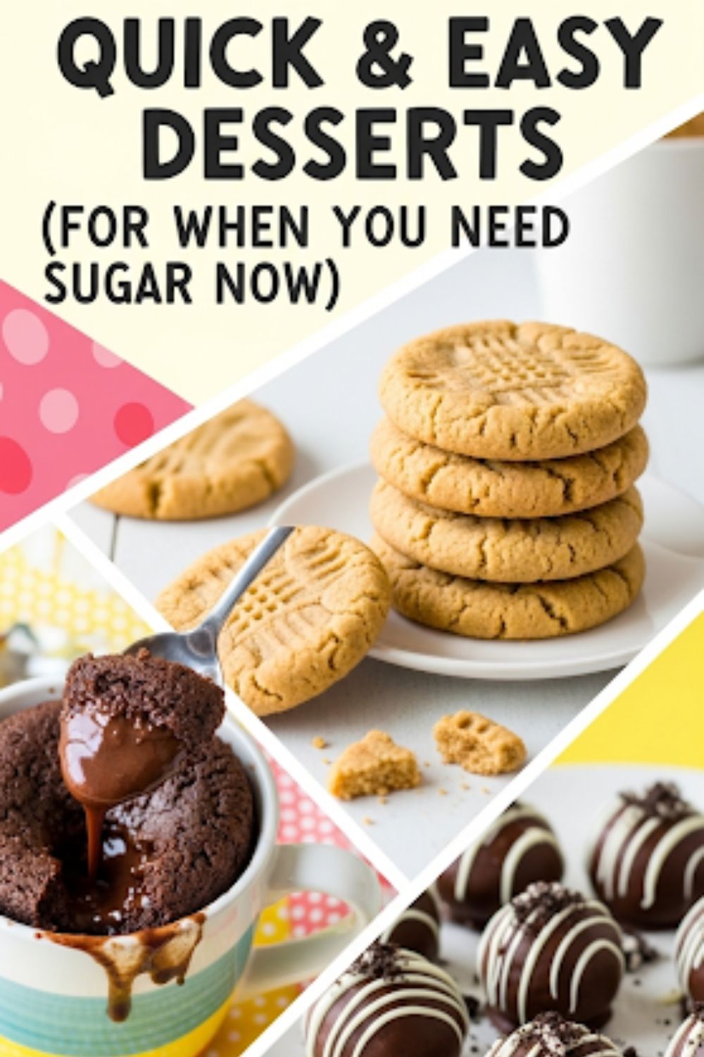 Text overlay "Quick & Easy Desserts" over a vibrant and appetizing collage of different easy desserts, like a chocolate mug cake, peanut butter cookies, and Oreo truffles.
