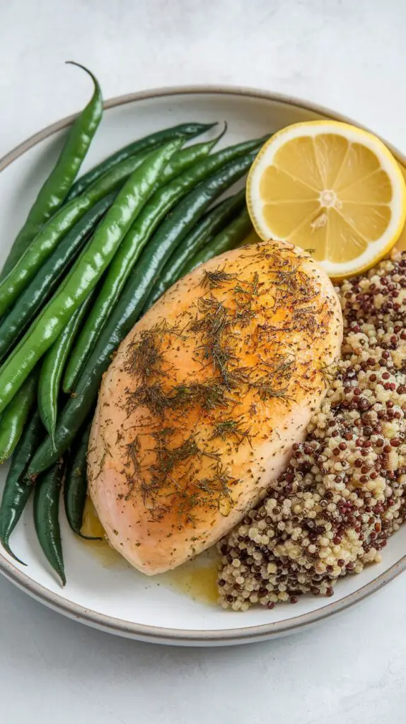 A beautifully plated quick gluten-free dinner of lemon herb chicken with roasted green beans and quinoa.