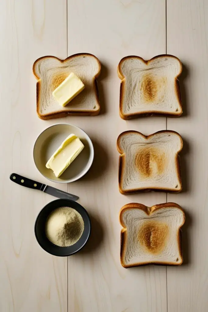 A simple flat lay of ingredients for Raising Cane's bread: slices of Texas toast, softened butter, and garlic powder on a clean surface.