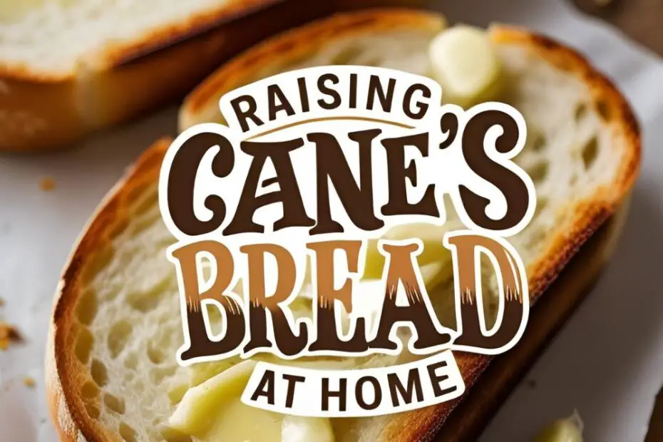 "RAISING CANE'S BREAD AT HOME" on a mouth-watering image of golden-brown garlic Texas toast.