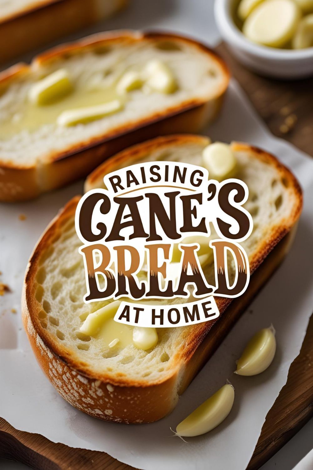 "RAISING CANE'S BREAD AT HOME" on a mouth-watering image of golden-brown garlic Texas toast.