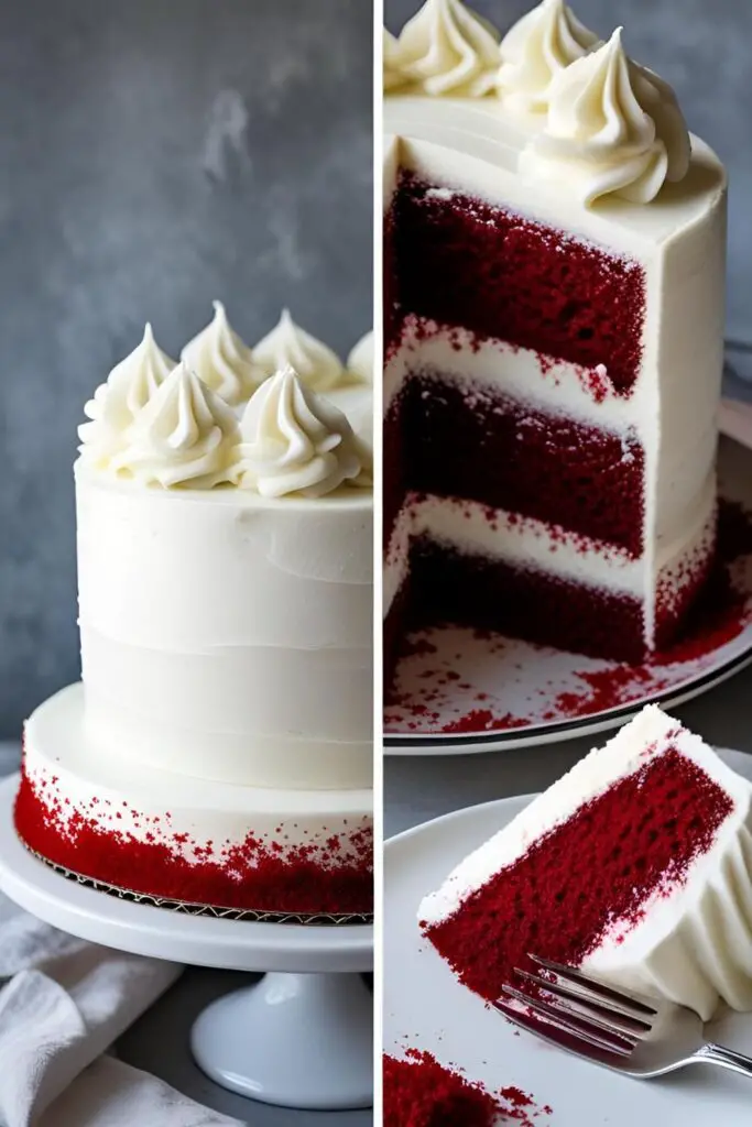 A two-panel image showing the full red and white cake and a close-up of a slice on a fork revealing the velvety red interior.