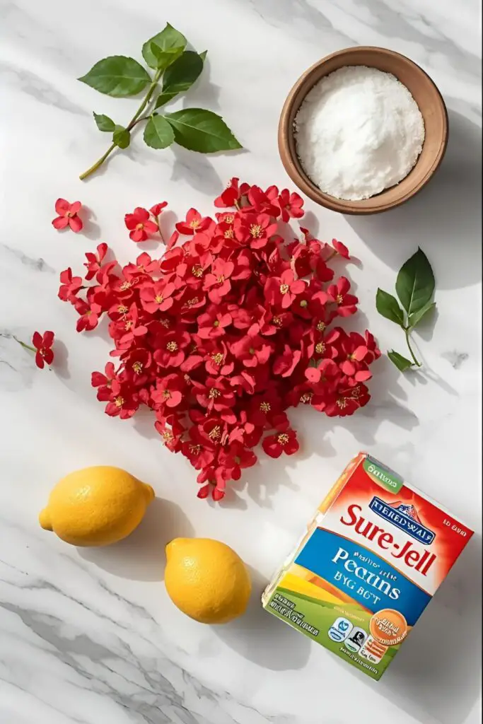 A flat lay collage of ingredients for red clover jelly, including fresh red clover blossoms, a bag of sugar, a lemon, and a box of pectin