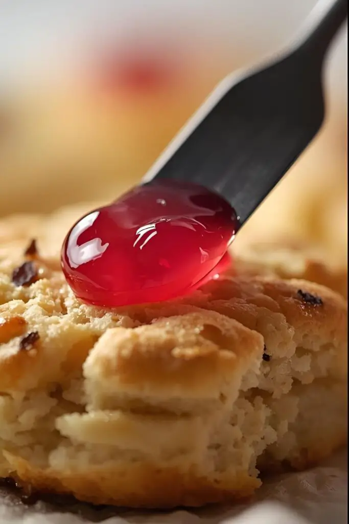 A close-up, detailed shot of vibrant pink red clover jelly being spread on a warm, buttery scone.