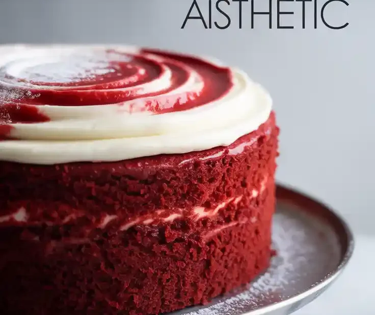 A beautiful semi-naked red velvet cake on a marble stand, with the text overlay "The Ultimate Red Velvet Cake Aesthetic."