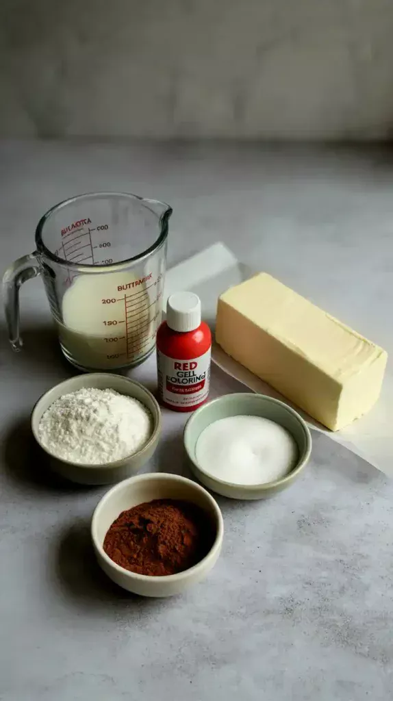  A chic, organized flat-lay of ingredients for red velvet cake, including cake flour, buttermilk, and a bottle of deep red gel food coloring.

