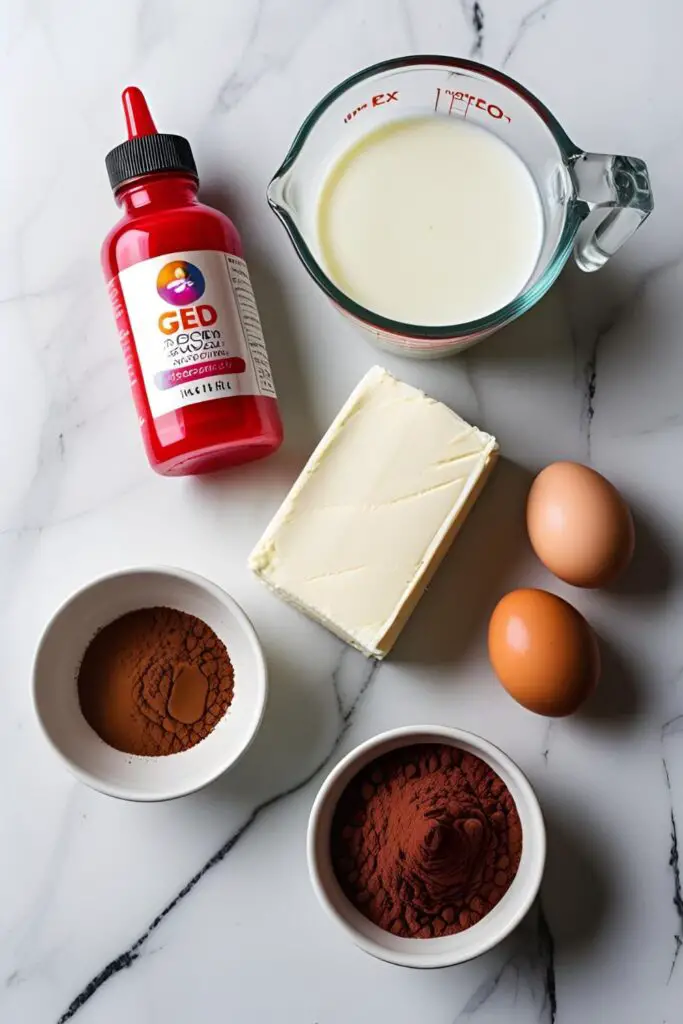 A flat lay of ingredients for a homemade red and white red velvet cake, including buttermilk, red food coloring, and cream cheese.