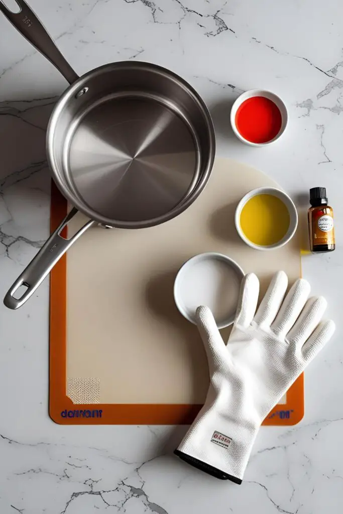 A flat lay of the essential tools and ingredients for making ribbon candy, including a candy thermometer, saucepan, and silicone mat