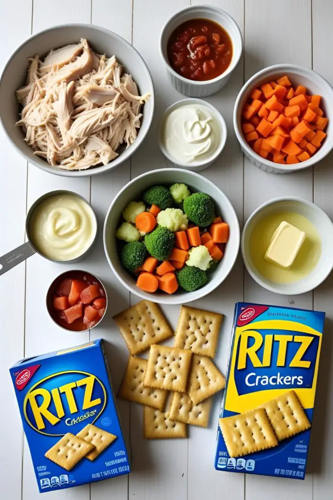 A bright and clean flat lay of the ingredients for Ritz chicken casserole: shredded chicken, canned soup, mayonnaise, sour cream, frozen vegetables, a sleeve of Ritz crackers, and melted butter on a light wooden surface.