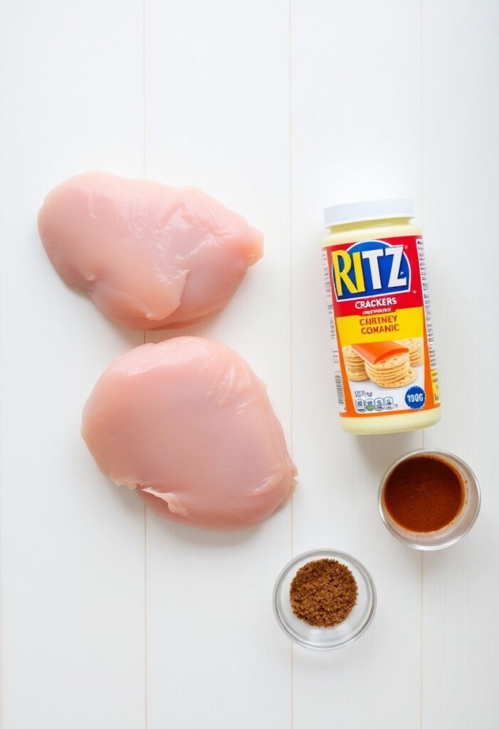 A flat lay of the basic ingredients for making Ritz cracker chicken, including chicken, Ritz crackers, and mayonnaise.