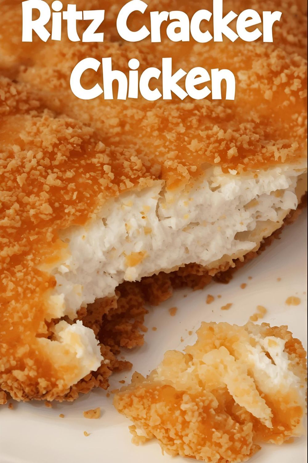 Crispy baked Ritz cracker chicken breast on a plate, with the text overlay "Ritz Cracker Chicken."