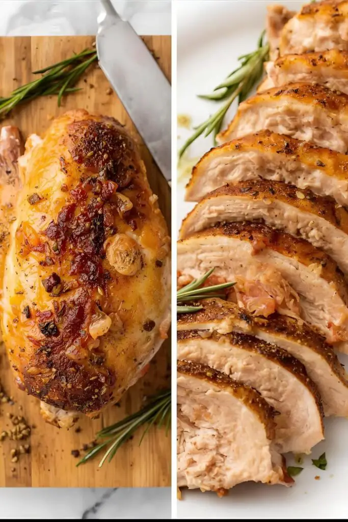 One image shows a whole roasted chicken breast on a cutting board, and the other shows it sliced.