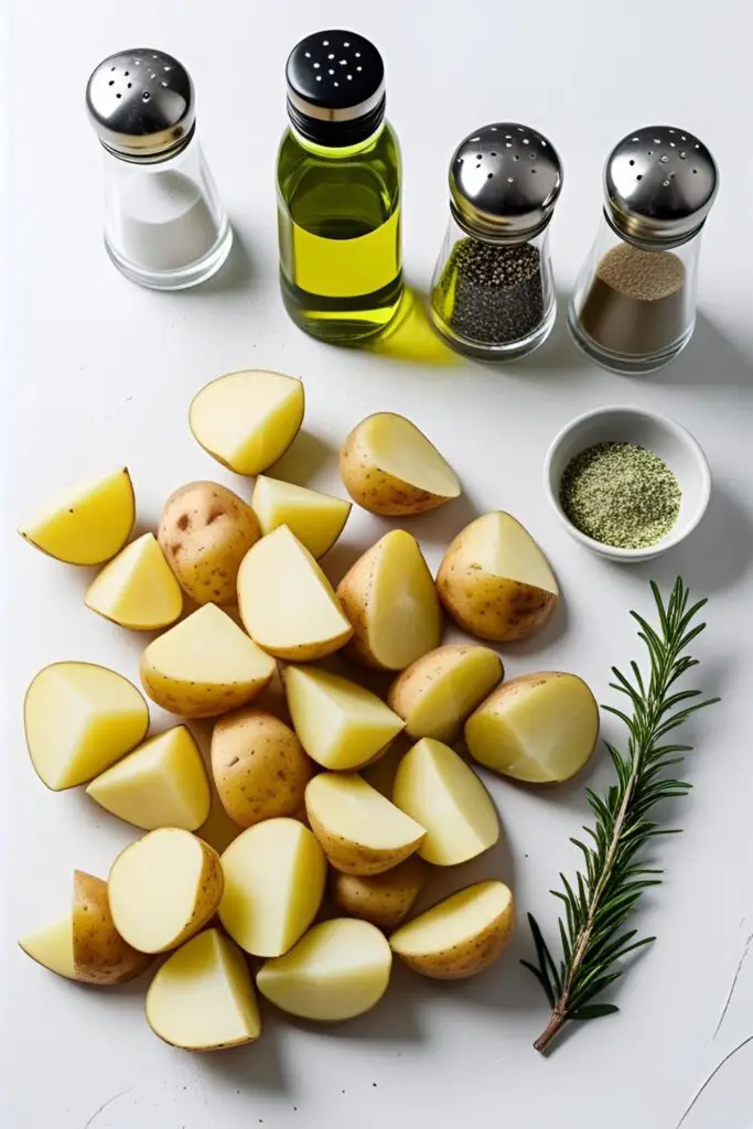 A flat lay of raw potato chunks, olive oil, salt, pepper, garlic powder, and dried rosemary arranged on a white marble background.